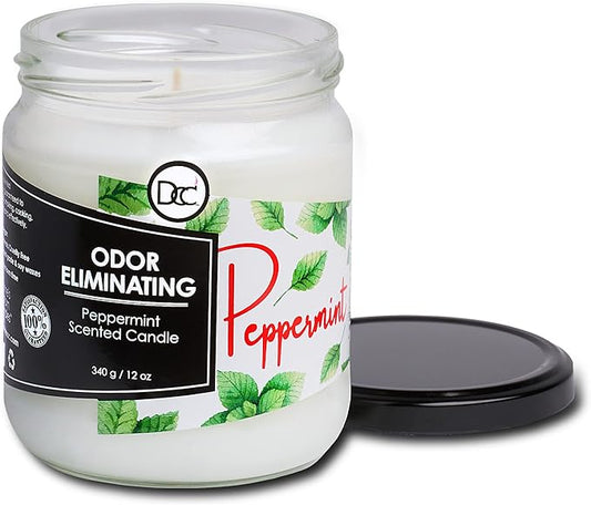 Peppermint Odor Eliminating Highly Fragranced Candle - Eliminates 95% of Pet, Smoke, Food, and Other Smells Quickly - Up to 80 Hour Burn time - 12 Ounce Premium Soy Blend
