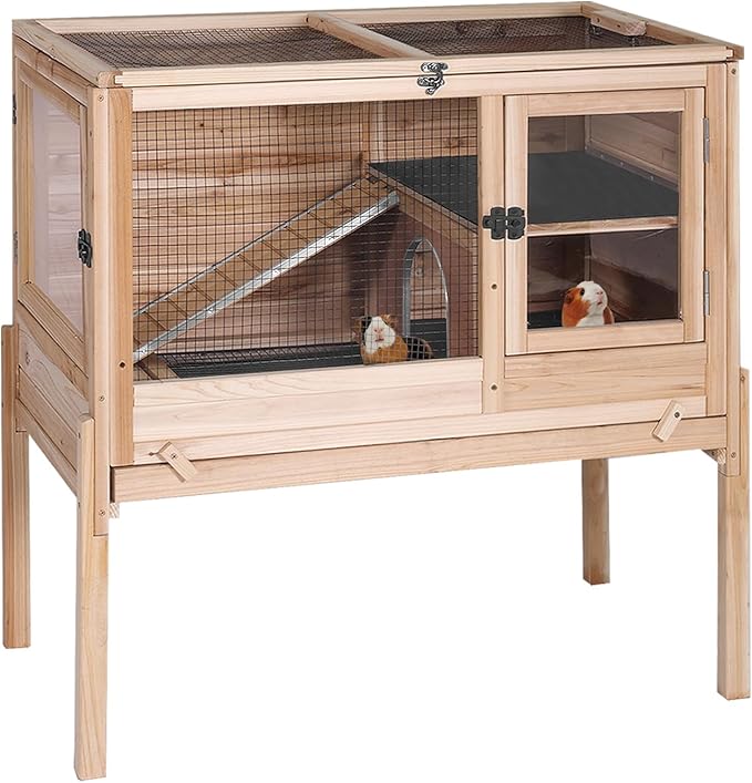 GUTINNEEN Wooden Rabbit Hutch Bunny Cage Guinea Pig Cage with Legs for Indoor & Outdoor, 2-Story Small Animal Cage with Leakproof Pull-Out Tray for Bunnys, Guinea Pigs, Hamsters (Natural Wood)