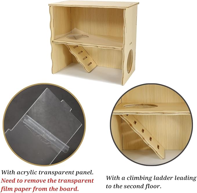 Double-Decker Hamster Hides, Wooden Hamster Hut, Syrian Hamsters Hideout with Acrylic Panel for Clear Observation, Detachable Gerbil Mouse House with Installation Instruction