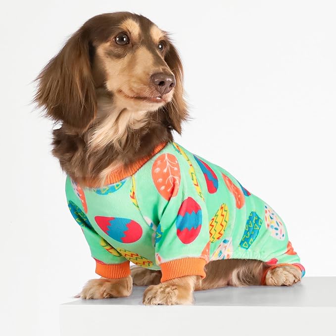 Fitwarm Easter Egg Dog Pajamas, Holiday Dog Clothes for Small Dogs Girl Boy, Pet Easter Outfit, Puppy Cat Onesie, Lightweight Velvet, Light Green, Orange, Large