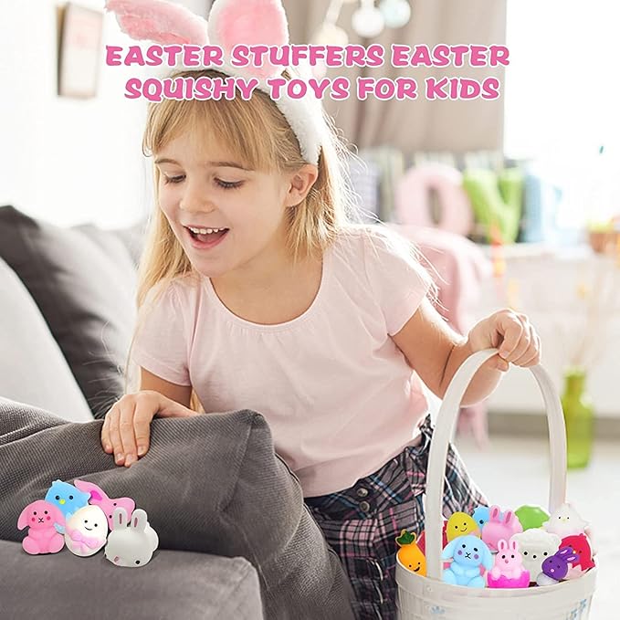 24Pcs Easter Mochi Squishy Toys Stress Relief Squishies for Kids Boys Girls Toddlers Easter Basket Stuffers Egg Fillers Gifts Party Favors