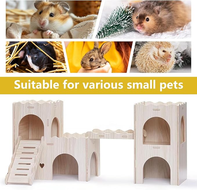 Large Wooden Hamster House Castle with Double Decker,Large Hamster, Wooden Houses,Dwarf Habitat Hideout with Climbing Ladder, Guinea Pig Castle Detachable Hideouts(D)