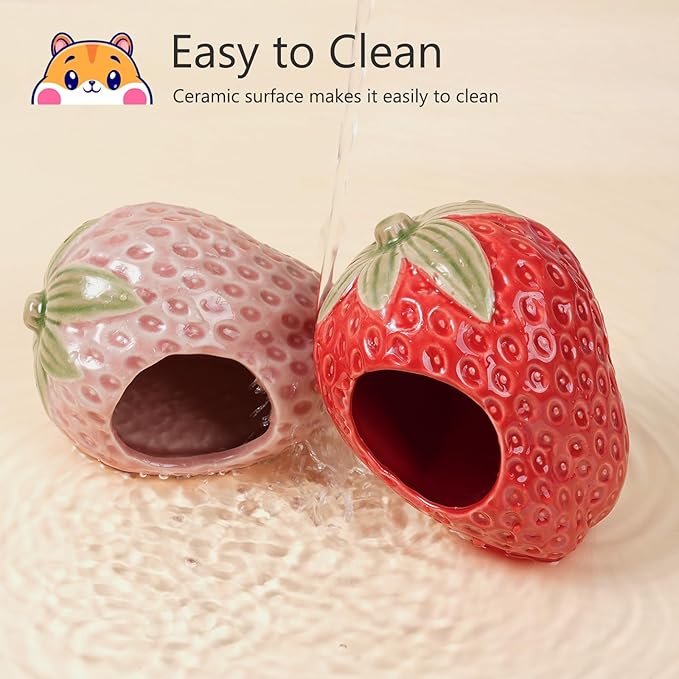 Ceramic Hamster Hideout,Strawberry Dwarf Hamster House,Guinea Pig Habitat Decor, Hideaway House for Gerbil, Cool Bed for All Season(Red)