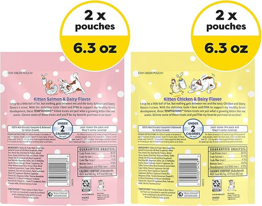 Temptations Kitten Crunchy and Soft Treats Chicken and Dairy and Salmon and Dairy Variety Pack, 6.3 oz. Pouches (Pack of 4)