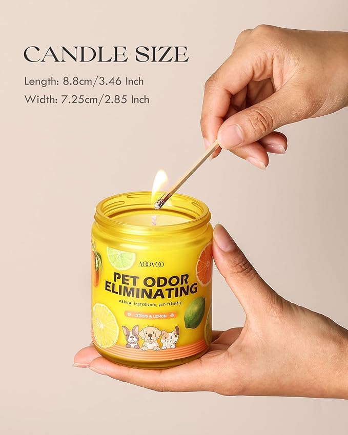 AOOVOO Pet Odor Eliminator Candle - 2 Pack Citrus Lemon Odor Eliminating Candle, Highly Fragranced Air Freshing Scented Candles, Natural Soy Wax, 18 oz