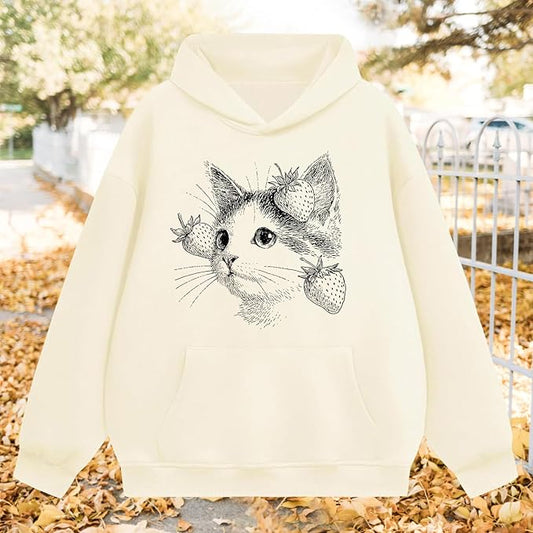 Oversized Hoodies for Women 2025 Trendy Cute Dog Cat Print Sweatshirts Hooded Pullover Tops with Kangaroo Pocket