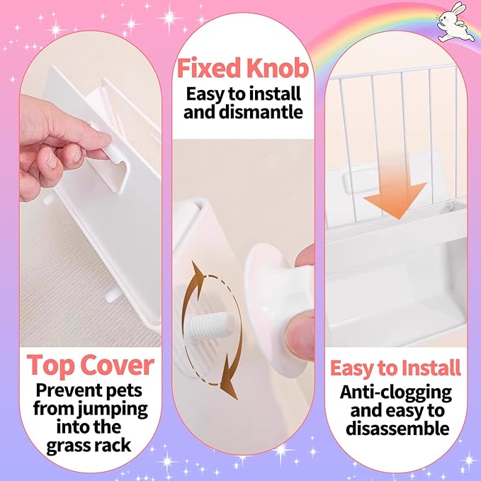 Hanging Rabbit Hay Feeder with Lid - No Waste Slow Feed Hay Rack for Rabbits, Guinea Pigs & Small Pets - Sturdy White Design, Easy to Fill & Clean, Cage Mounted Bunny Hay Holder (Set)
