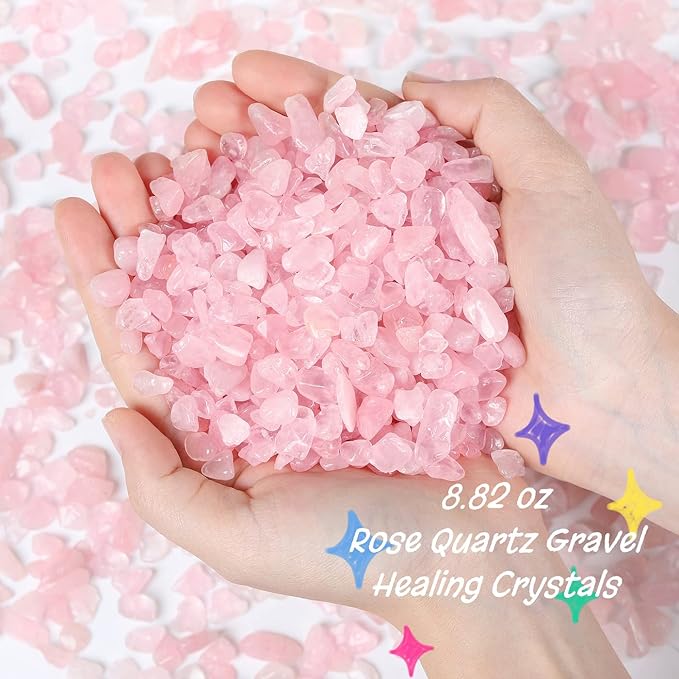 Rose Quartz Crystal Gravel Polished Chips Crushed Stones Healing Bulk Natural Tumbled Rocks Gem Home Decoration Small Pebbles for mini Aquarium Tank Plants Landscape Vase Filler Bottom Ornament 0.6lb
