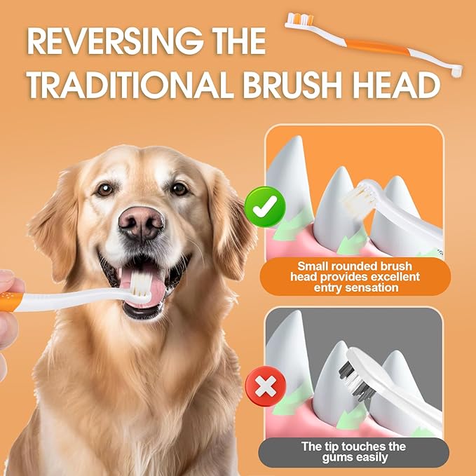 Dog Toothbrush – Newly Upgraded Dual-Head Design with 60° Wavy Bristles–Gently Surrounds Teeth for Deep Cleaning and Plaque Removal – Non-Slip Handle, Ideal for Daily Pet Dental Care (Orange, 6-Pack)
