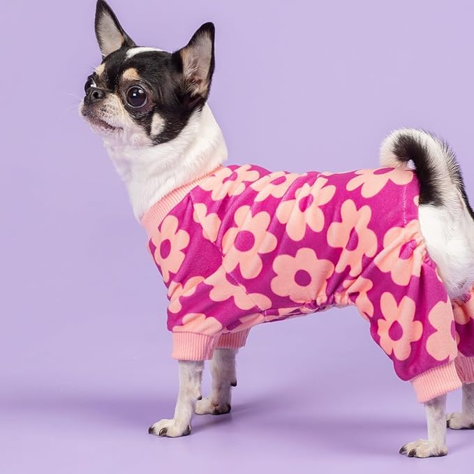 Fitwarm Flower Fleece Dog Pajamas, Warm Winter Dog Clothes for Small Dogs Girl, Cozy Pet Onesie with Feet, Pink, XXL