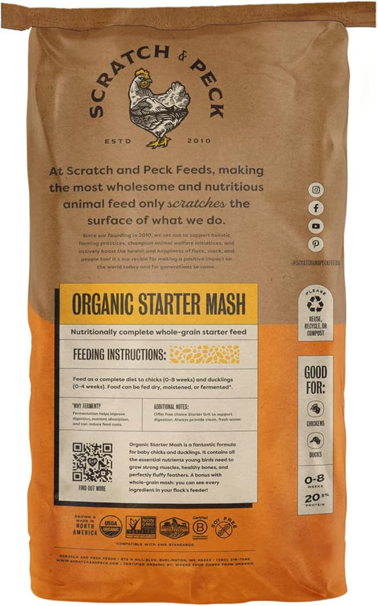 Scratch and Peck Feeds Whole Grain Starter Mash Chicken and Duck Feed - Corn-Free and Soy-Free - 20.5% Protein, Certified Organic and Non-GMO Project Verified Chicken Food - 50 lbs Bag