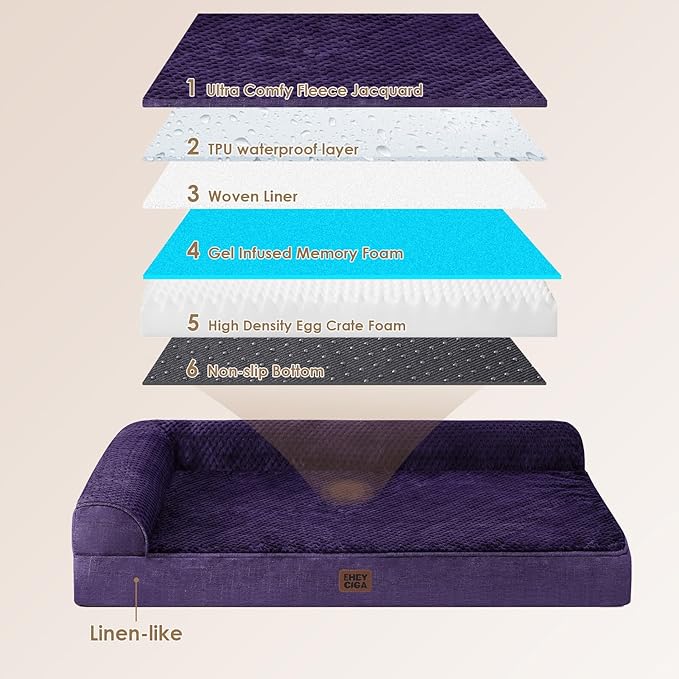 EHEYCIGA Memory Foam Dog Bed XXL, Giant Dog Bed Orthopedic with Washable Removable Cover, Waterproof Pet Bed Couch for Jumbo Dogs, 48x36x7 Inches, Purple