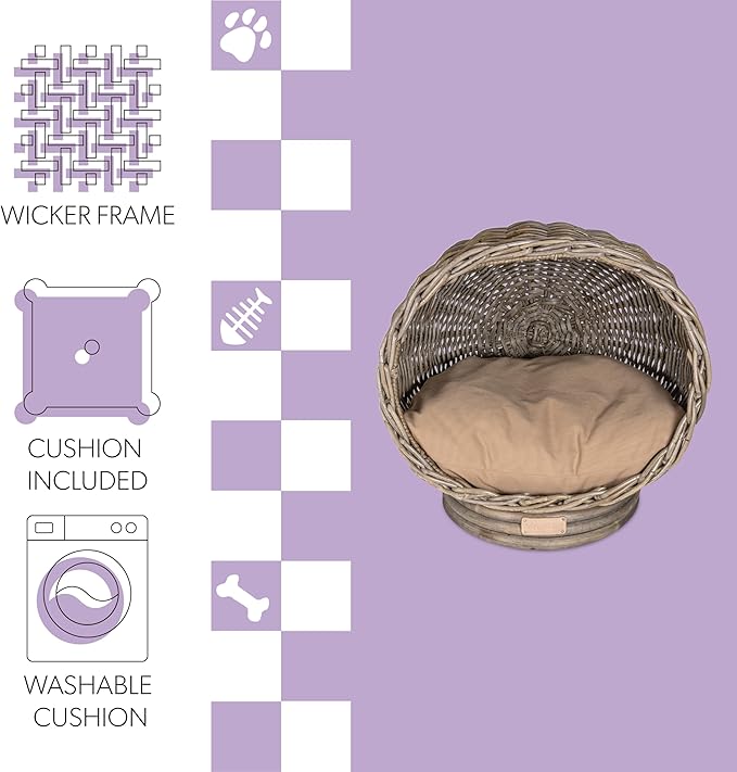 CBD1001A Socket Dome 19.5" x 17" Bohemian Handwoven Rattan Cat Bed with Machine-Washable Cushion, Kubu Gray