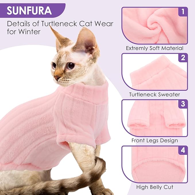 SUNFURA Sweaters for Cats, Hairless Sphynx Sweater Kitten Pullover with Sleeves, Warm and Soft Cat Pajamas Fleece Sweatshirt Jumpsuit, Turtleneck Clothes for Fall Winter, Pink S