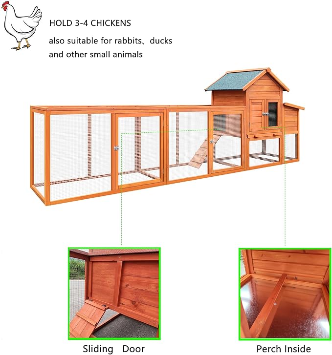 122" Large Wooden Chicken Coop with Nesting Box – Outdoor Hen House for 3–4 Chickens, Weather-Resistant Roof, Secure Poultry Cage with Perch & Easy-Clean Tray Natural