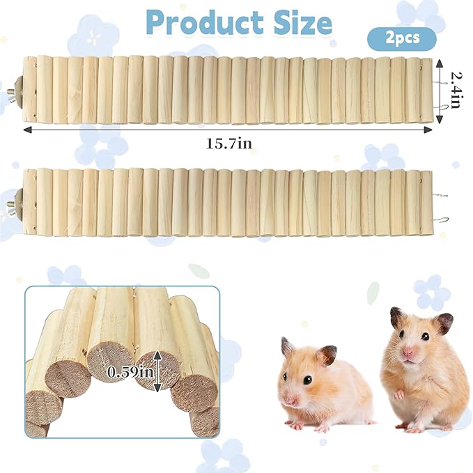 kathson 2Pcs Wooden Hamster Suspension Ladder Bridge,Bendable Long Climbing Ladders Pet Cage Toy Accessories Hideout Natural Chew Balls for Mouse Chipmunk Rabbits and Other Small Animals