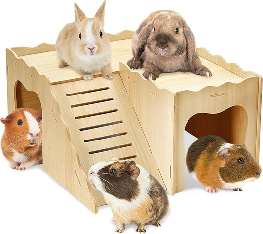 BNOSDM Upgraded Wooden Guinea Pig Hideout with Stair & Loft 2 Tier Detachable Cavy Castle 2 Door Small Animal House Habitat Dwarf Rabbit Climbing Toy Accessories for Cage