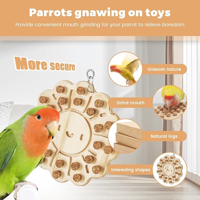 Bird Chew Toy – Wooden Foraging Puzzle Toy with Cork Stoppers, Hanging Bird Cage Toy for Parrots, Conures, Budgies, Cockatiels, Macaws, Finches, and Small to Medium Birds(Snowflake)