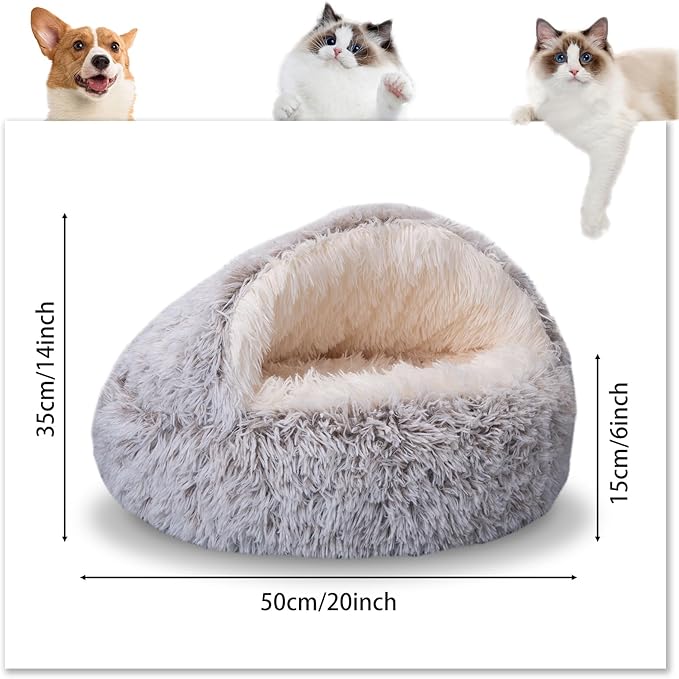 GOSALISU Cat & Small Dog Bed- Cozy Hooded Round Calming Cave Bed, Warm Plush, Anti-Slip, Machine Washable, 20in