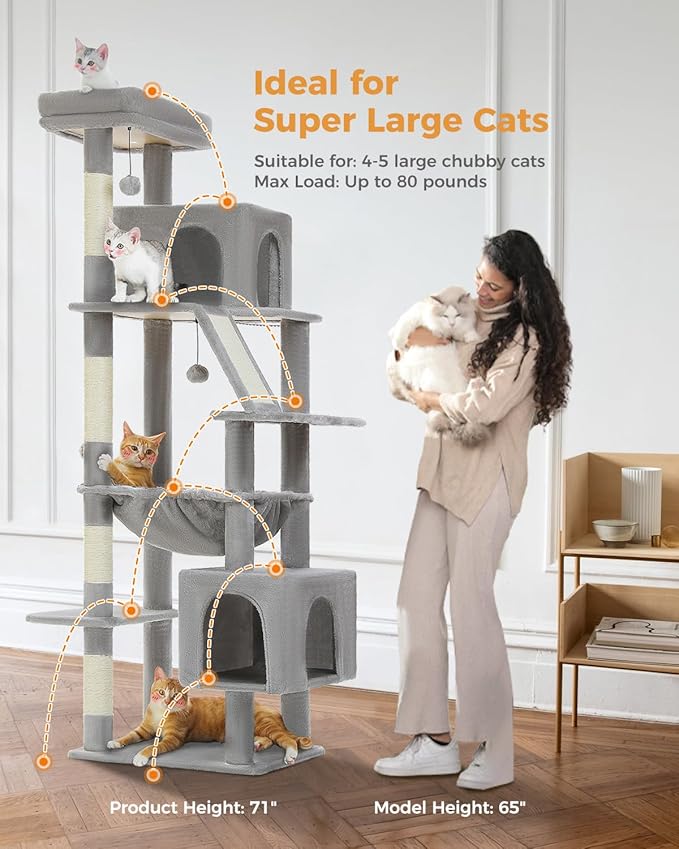 71" Tall Cat Tree for Large Cat 20 lbs with Super Large Hammock, Heavy Duty Cat Tower with 4 Sisal Scratching Posts & 2 Spacious Condos for Big Adult Cats Maine Coon-Grey