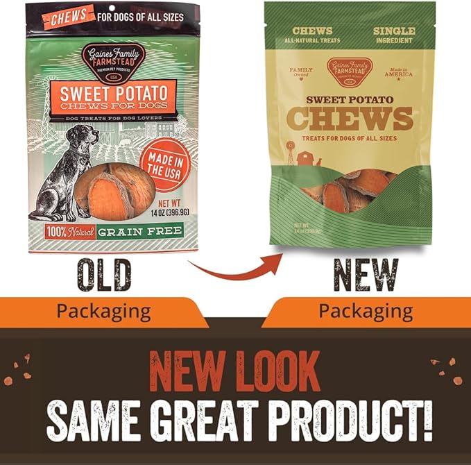 Gaines Family Farmstead Sweet Potato Chews for Dogs - 14 oz Bag, Single Ingredient, Sweet Potato Dog Treats, High Fiber, Grain-Free, Rawhide Alternative, Vitamin-Rich, Made in USA
