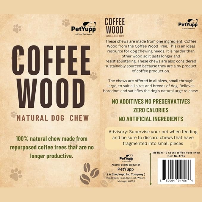 Natural Coffee Wood Dog Chew Medium, 2 Count - Promotes Dental Health, Reduces Tartar & Chewing Exercise for Aggressive Chewers, Small, Medium & Large Dogs - Safe Chew Toy for Puppy