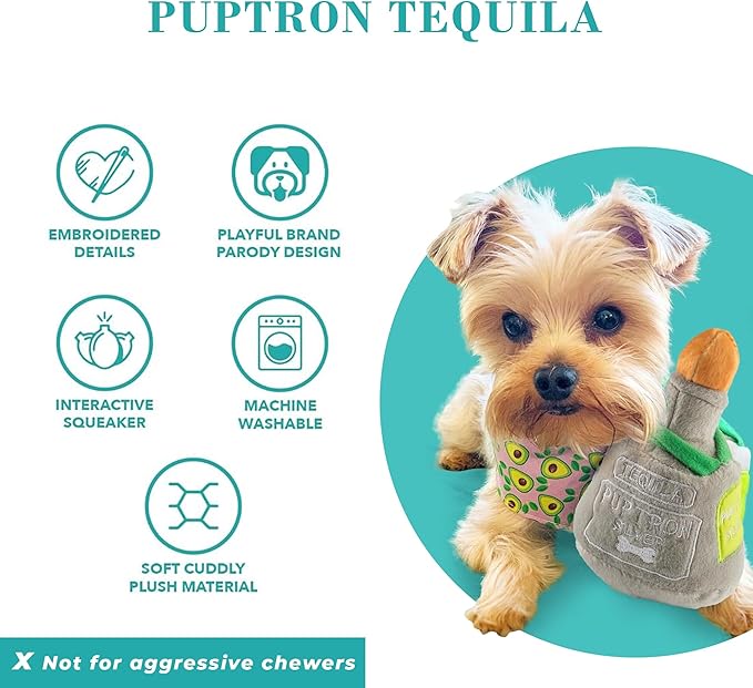 Haute Diggity Dog Puptron Tequila, Plush Designer Dog Toys with Interactive Squeaker, Stimulating Pet Enrichment, Machine-Washable & Safe Materials for All Breeds, One Size