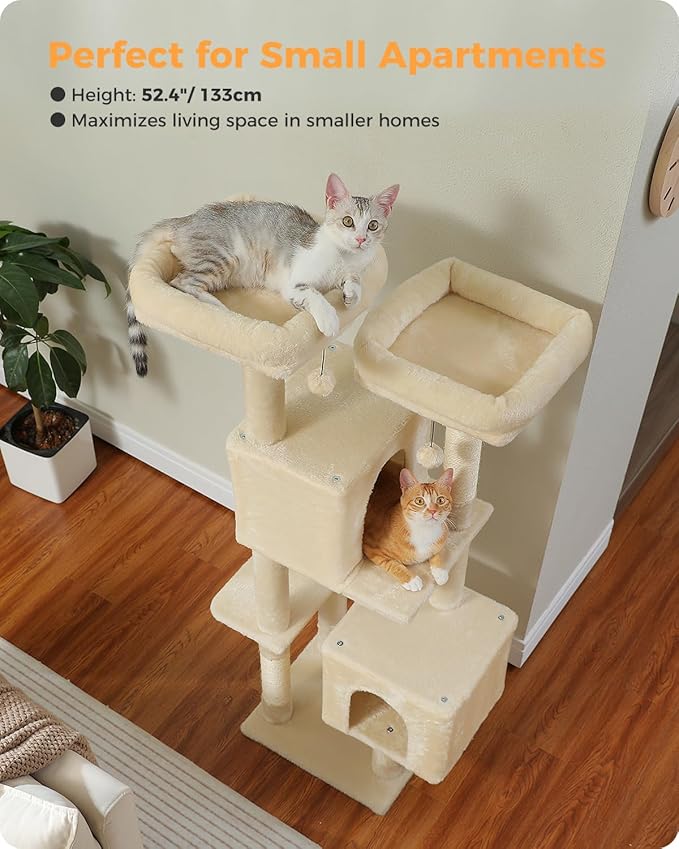 Cat Tree, 52.4" Multilevel Cat Tower for Indoor Cats, Plush Cat Tree House with 2 Padded Perches, 2 Condos & 2 Scratching Posts, Beige