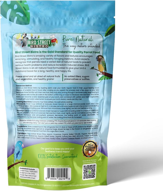 Parrot Food - Parakeet & Cockatiel Food - Cooks in 3-15 min w/Natural & Organic Grains, Legumes, Non-GMO Fruits, Vegetables & Healthy Spices