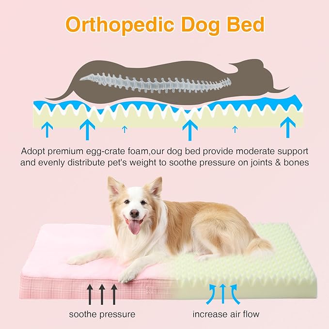 MIHIKK Washable Orthopedic Dog Bed for Large Dogs, L Waterproof Pet Bed with Egg Crate Foam Strong Support, Machine Washable Cover & Anti-Slip Bottom & Durable Zipper 35x22(Pink)