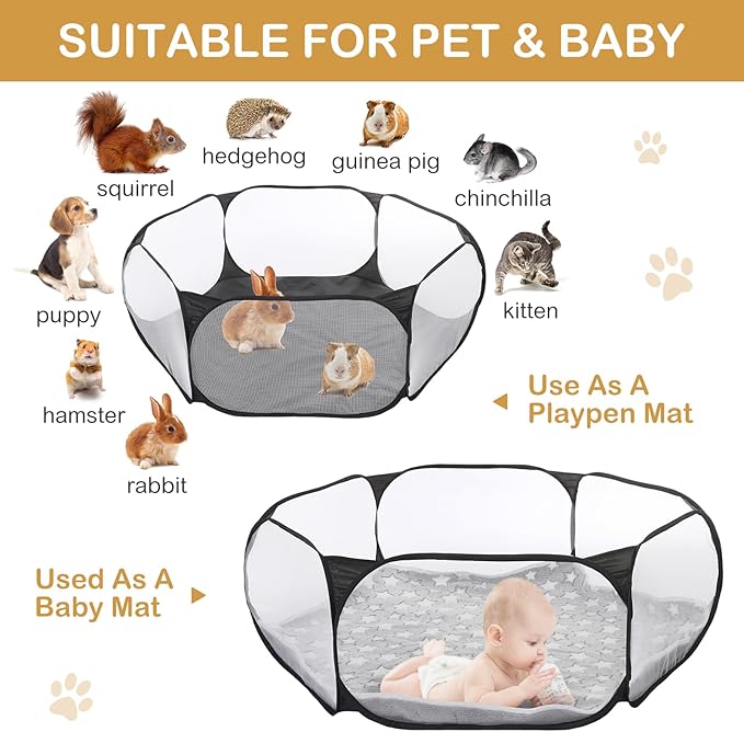 Hamster Playpen with Mat Small Animal Cage Tent Breathable Transparent Guinea Pig Playpen Waterproof Portable Yard Fence Mat Foldable Exercise Playpen Outdoor Indoor (Black,Star)