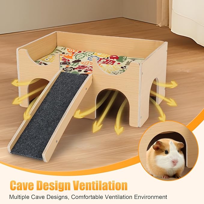 AQQHSAIN Guinea Pig Hideout Castle Sturdy Wooden Hamster Castle Detachable Guinea Pig Hideout House with Ramp and Cushion Small Animal House Hut Habitats for Chinchillas Playing Hiding (Single Layer)
