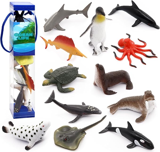 12 pcs Animal Sea Figures Ocean Toy for Kids: Sharks, Whales & Octopus-Sea Animal Toys Set,Gifts for Kids & Toddlers-Ages 3