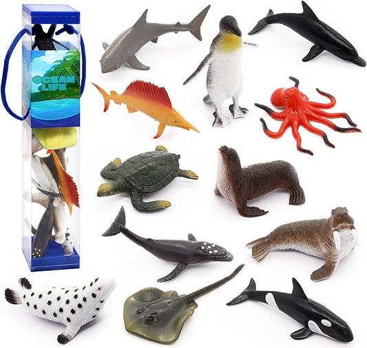 12 pcs Animal Sea Figures Ocean Toy for Kids: Sharks, Whales & Octopus-Sea Animal Toys Set,Gifts for Kids & Toddlers-Ages 3