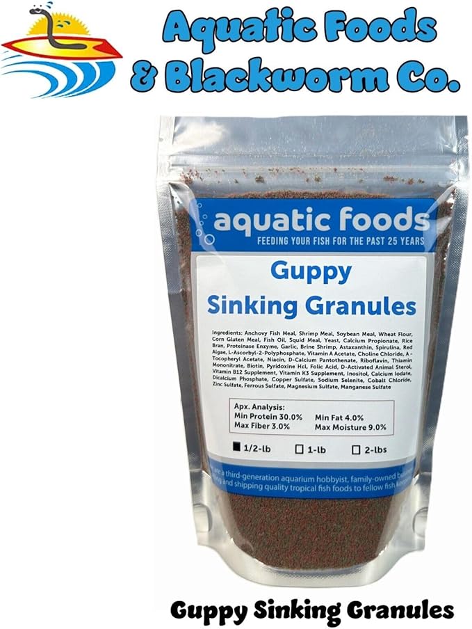 Aquatic Foods Inc. Guppy Micro Sinking Granules, Color Enhancing and Spirulina Mix for Guppies, Tetras, All Baby Cichlids...WL…1/2-lb Foil Pouch Bag