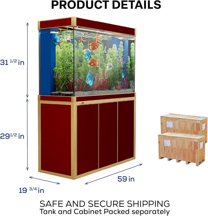 175 Gallon Aquarium Fish Tank with Upright Fishtank Stand Water Pump Freshwater Filter LED Bundle and Straight Corners Clear Glass - Red with Gold Trims