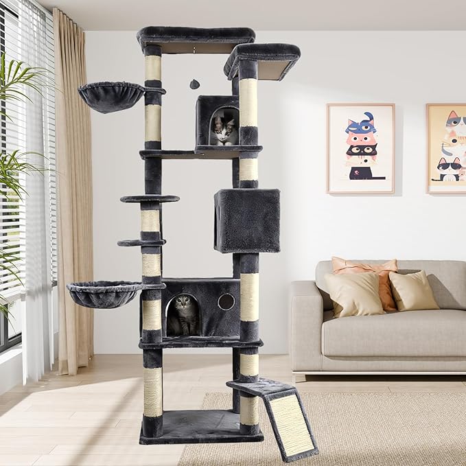84.6" Multi-Level Tall Cat Tree Tower for Indoor Kitties Larger Cat Condo Furniture with Hammock Cozy Perches Sisal Scratching Posts XXL Pet House (84.6 inch Dark Gray)