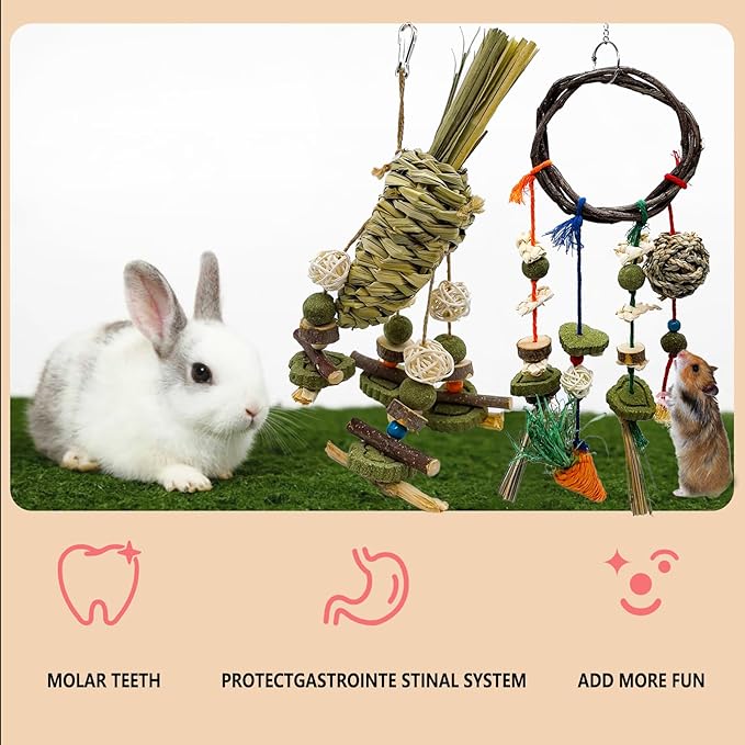 Rabbit Chew Toy, 2Pcs Bunny Cage Hanging Chew Toy & Treats,Natural Material Handwoven Chinchilla Rattan Ring Treats Toys for Guinea Pigs Hamsters Rats and Other Small Pets Teeth Grinding