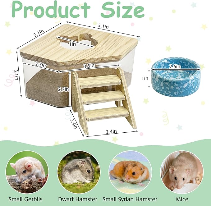 kathson Hamster Sand Bath Box Transparent Acrylic Small Syrian Hamster Shower Bathtub Small Gerbil Digging Sand Container with Climbing Ladder and Ceramic Bowl Cage Accessories for Lemmings Mice