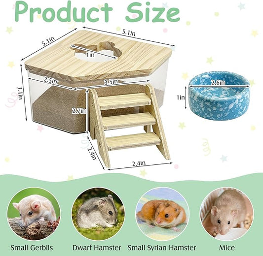 kathson Hamster Sand Bath Box Transparent Acrylic Small Syrian Hamster Shower Bathtub Small Gerbil Digging Sand Container with Climbing Ladder and Ceramic Bowl Cage Accessories for Lemmings Mice