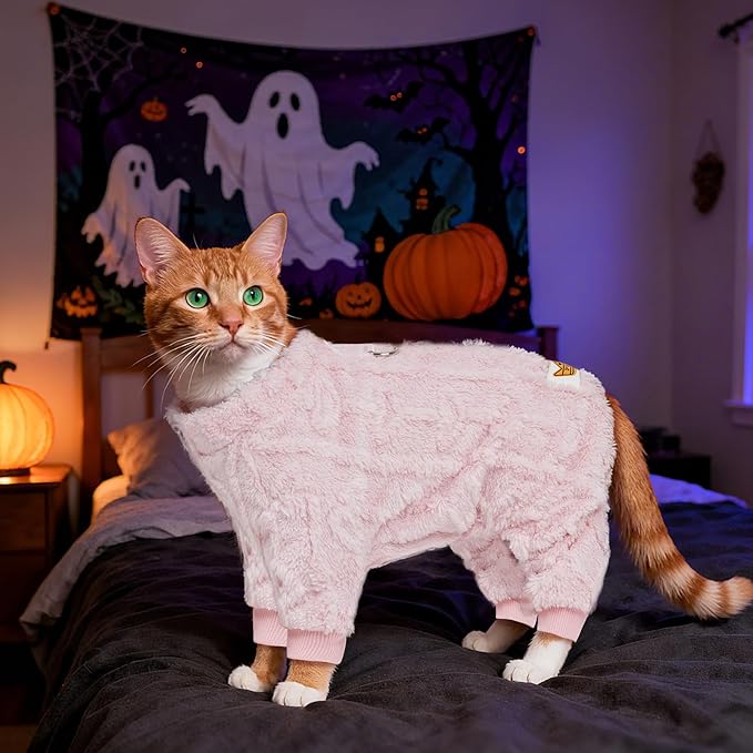 Plush Dog Pajamas for for Small Dogs Cats, Dog Sweater with Leash Ring Ultra Soft Warm Pet Clothes Puppy Onesie Outfits Doggy Pjs Jumpsuit for Winter Christmas (Pink, Medium)