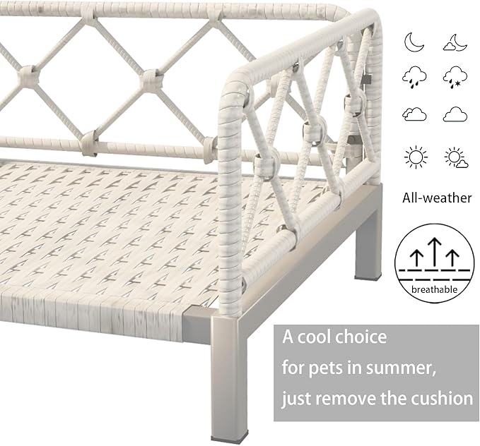 Wicker Dog Bed with 2" Cushion,Rattan Dog Sofa Bed for Small Medium Dogs– Indoor/Outdoor Metal Frame Pet Bed up 66lbs (Grey Rattan Grey Cushion)