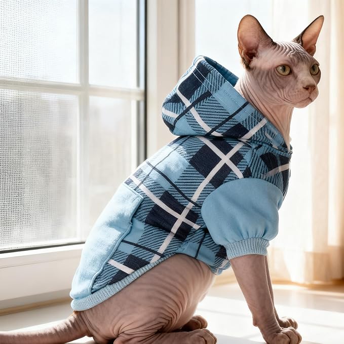 EXPAWLORER Plaid Cat Hoodie - British Style Warm Cat Sweater Shirt with Leash Hole,Pet Clothes Outfits,Winter Coat Apparel for Puppy Cats Girl Boy-Kitten Apparel,Blue S