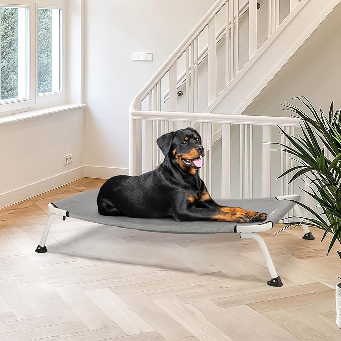 Veehoo Elevated Dog Bed for Outdoor, Cooling Waterproof Raised Dog Cots Beds XL, Curved Off Ground Pet Hammock Cot Lifted for Outside, up to 150lbs, White Legs, Grey 49"