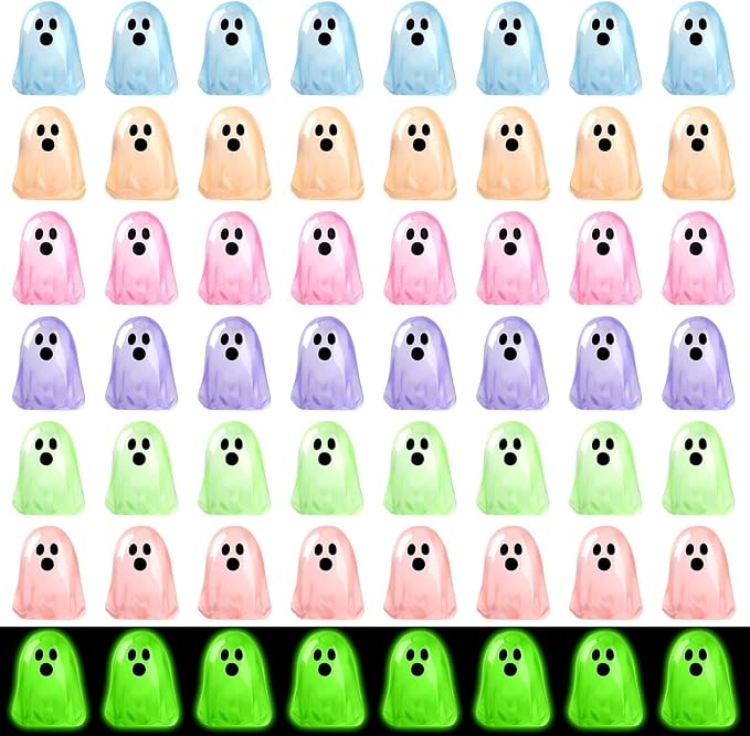 56 Pcs Luminous Mini Ghosts,Halloween Tiny Resin Ghosts Figures Glow in The Dark mini Ghosts Miniature Statue for Plant Pot Landscape Lawn Landscape Home Party Decor