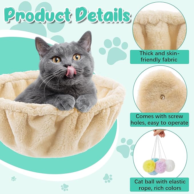 3 Pack 14.6" Large Cat Tree Hammock Basket Bed Lounger Tower Replacement Parts with 6 Pcs Hanging Elastic Strings Pom Pom Toys, Cat Tree Accessories Hammock Attachment (Beige)