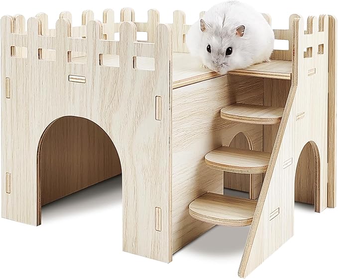 Hamster House - Double-Decker Hut with Slide, Guinea Pig Castle, Small Animal Habitat Decor