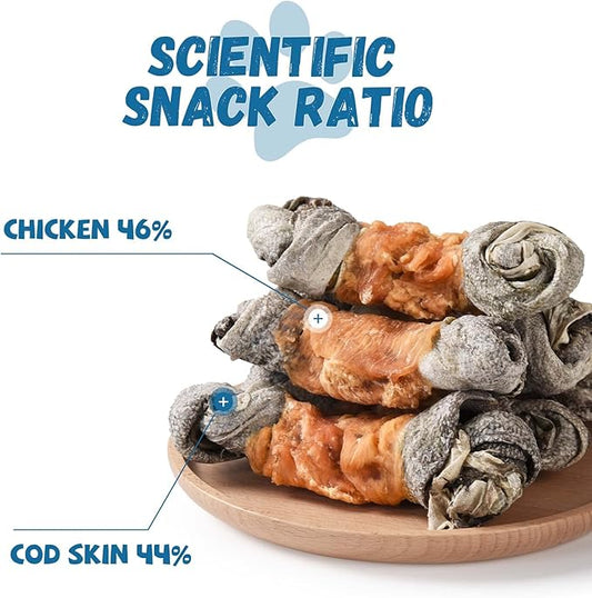 Dog Treats Chicken Wrapped Cod Skin Knotted Bones-6.5", All-Natural Healthy Fish Skin Dog Chew Treats for Medium Large Breeds, Rich in Omega-3 Protein, 4 Counts, 10.6 OZ