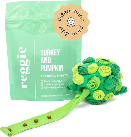 Reggie Forager Ball & Training Treats for Dogs | Enrichment Toy + Healthy Turkey & Pumpkin Training Treats | Reduces Boredom, Stress & Hyperactivity | Low-Calorie, Protein-Packed | 340 Treats