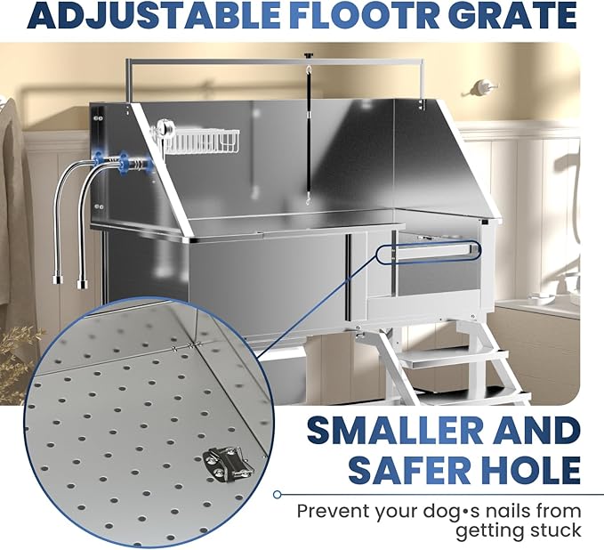 Dog Washing Station for Home,Professional 46" Stainless Steel Dog Bathing Station Height Adjustable Dog Wash Station Dog Grooming Tub Stair, Drawer, Floor Grate & Fauct (Right Stair)